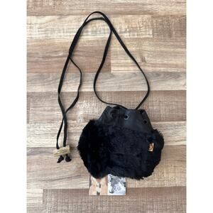NWT Harricana Black Mini Leather Bucket Crossbody Bag with Fur